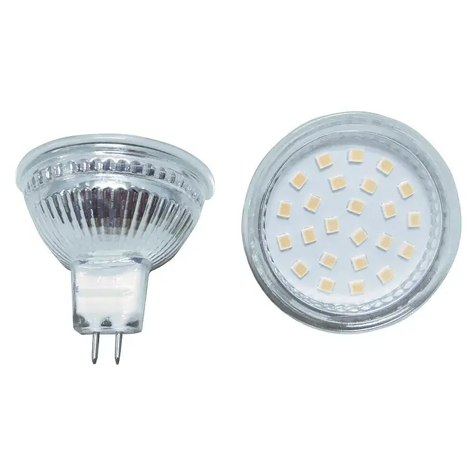 Voltolux LED-Lampe Pin G4 MR16 - GU5,3, Nicht Dimmbar, Warmweiß, 330 lm, 4,5 W - Zwei MR16 LED-Lampen, eine mit klarem Glasgehäuse und Stiften, die andere mit LED-Chips.