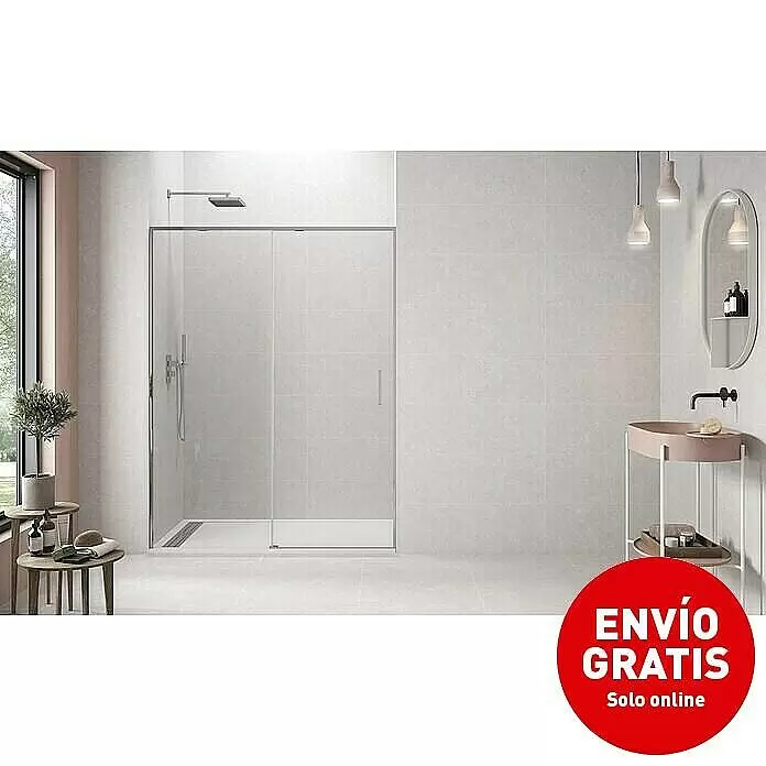 GME Mampara de ducha frontal Twenty - 165 x 195 cm, Espesor de vidrio: 6 mm, Cromo - Mampara de ducha moderna con puertas correderas de cristal transparente y marco cromado, instalada en baño con azulejos claros.