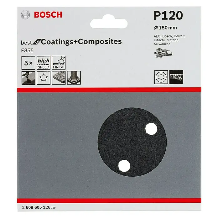 Bosch Set de hojas de lija F355 Best for Coatings and Composites - Grano: 400 mm, 5 ud., Diámetro: 150 mm - Disco de lija Bosch P120, Ø 150 mm, ideal para revestimientos y compuestos, alta velocidad, acabado perfecto, 5 unidades para lijadoras.