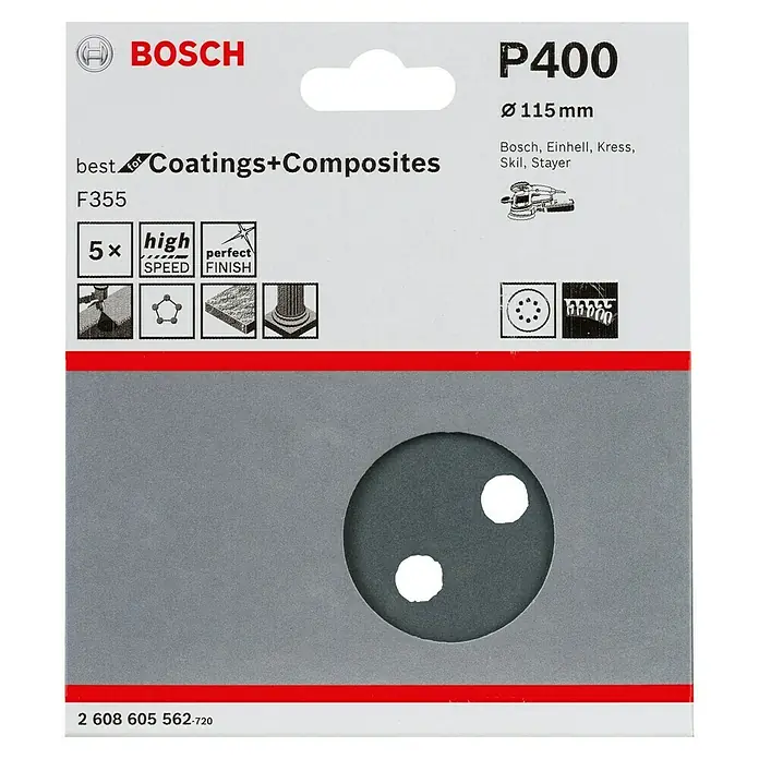 Bosch Set de hojas de lija F355 Best for Coatings and Composites - Grano: 400 mm, 5 ud., Diámetro: 115 mm - Imagen del producto de un disco de lijado Bosch P400, ideal para revestimientos y compuestos con un diámetro de 115 mm, adecuado para varias lijadoras.
