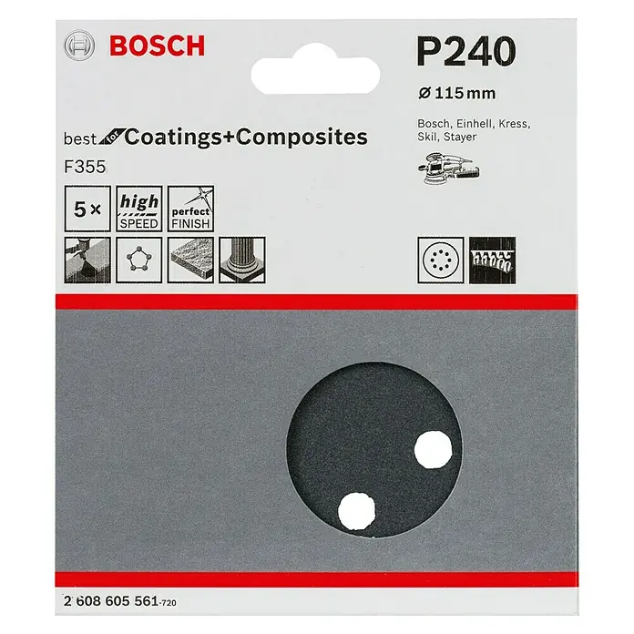 Bosch Set de hojas de lija F355 Best for Coatings and Composites - Grano: 240 mm, 5 ud., Diámetro: 115 mm - Papel de lija Bosch P240, Ø115mm, para revestimientos y compuestos, apto para lijadoras Bosch, Einhell, Kress, Skil y Stayer.