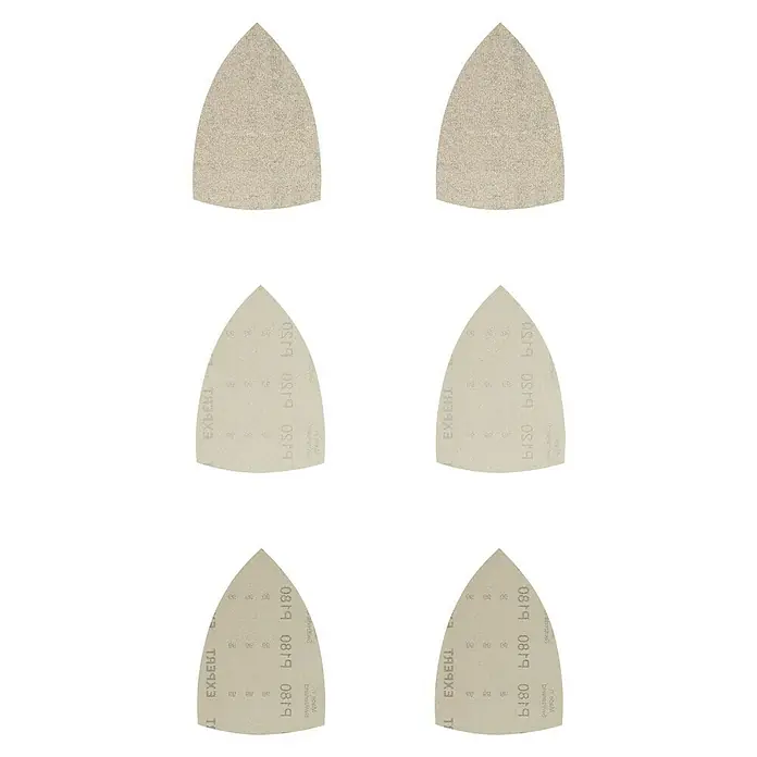 Bosch Professional Expert Set malla abrasiva M480 - An x L: 100 x 150 mm, Grano: 60 mm - 180 mm - Primer plano de seis láminas de papel de lija triangulares en varios granos, adecuadas para aplicaciones detalladas de pulido y lijado.