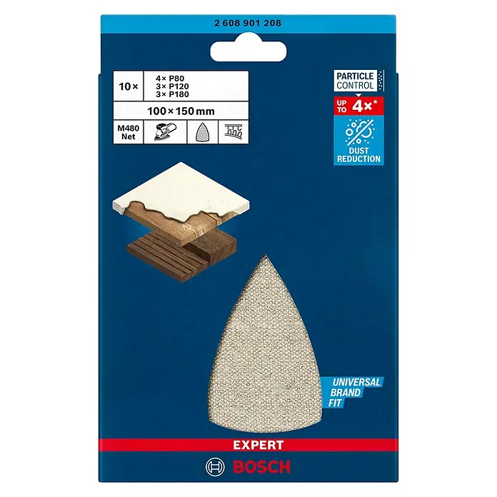 Bosch Professional Expert Set malla abrasiva M480 - An x L: 100 x 150 mm, Grano: 60 mm - 180 mm - La imagen muestra un paquete de hojas de lija Bosch M480 Net, 10 unidades, granos P80, P120 y P180, para multi lijadoras, con tecnología de control de polvo.