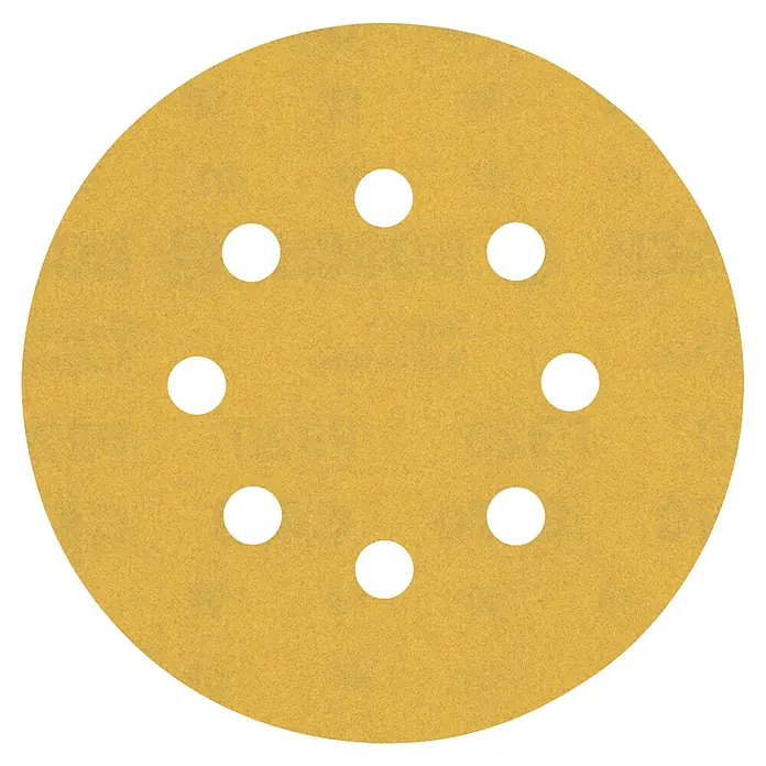 Bosch Expert Juego de papel de lija C470 - Grano: 320 mm, 5 ud., Diámetro: 125 mm - Disco de lija para usar con una lijadora. El disco es amarillo y tiene ocho orificios para la extracción de polvo.