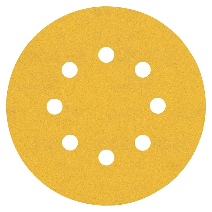 Bosch Expert Juego de papel de lija C470 - Grano: 240 mm, 5 ud., Diámetro: 125 mm - Disco de lija amarillo con ocho agujeros sobre un fondo negro, ideal para lijar superficies.