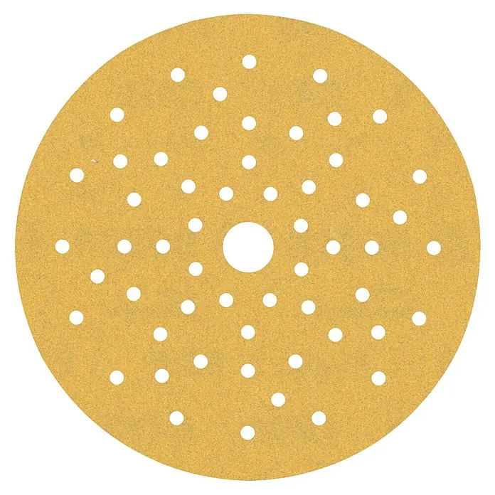 Bosch Expert Juego de papel de lija C470 - Grano: 180 mm, 5 ud., Diámetro: 150 mm - Imagen de un disco de lija con agujeros. El disco de lija es redondo y tiene un color amarillo. Hay un agujero en el medio.