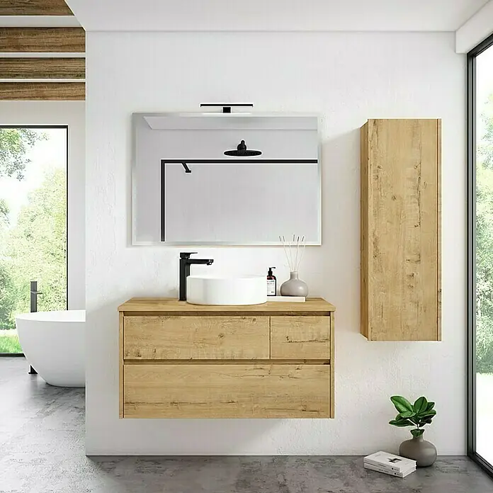 Mueble bajo de lavabo Emma - L x An x Al: 45 x 120 x 50 cm, Nogal - Un moderno conjunto de baño con un tocador de madera, un lavabo redondo y un espejo iluminado, junto con un elegante armario de pared.