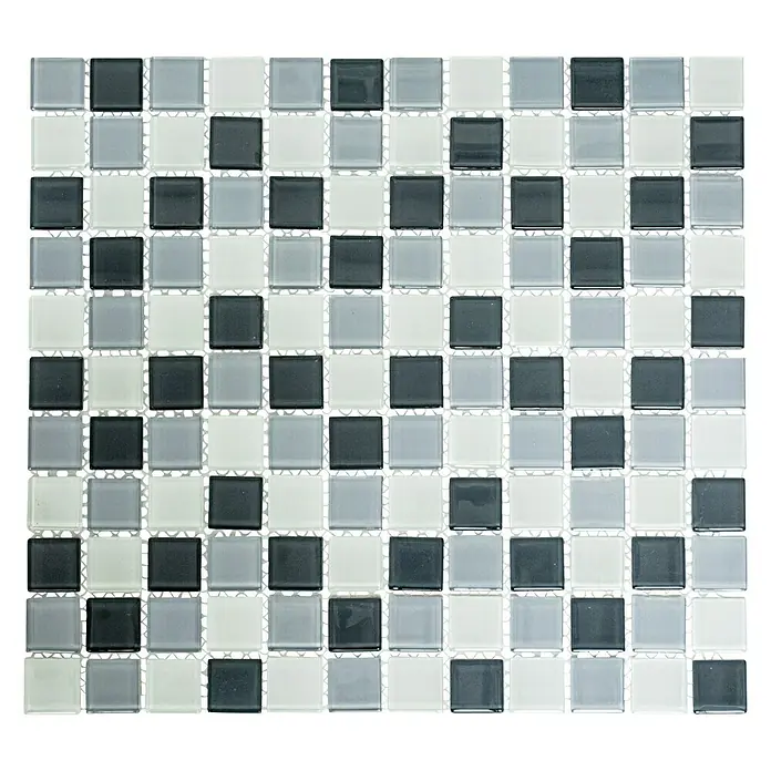 Mosaikfliese Quadrat Crystal Mix CM 4125 - 32,7 x 30,2 cm, Grau, Glänzend - Graue, weiße und schwarze Glasmosaikfliesen für ein elegantes Fliesendesign.