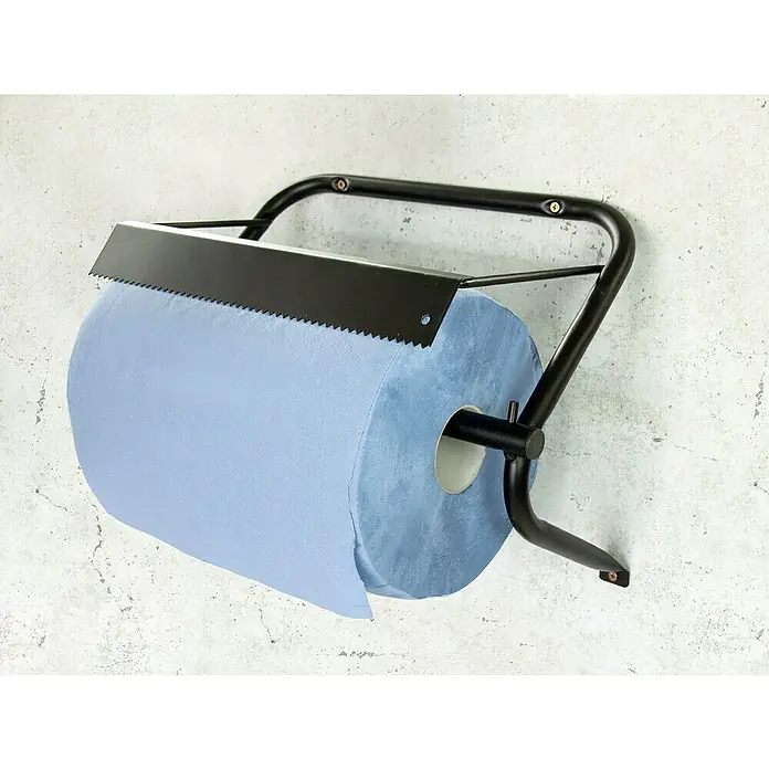 Papierrollenhalter36,5 x 51 x 21,5 cm, Passend für: Putztuchrollen bis 40 cm Breite und max. 38 cm Durchmesser - Ein an der Wand montierter Papierhandtuchspender aus Metall mit einer blauen Papierhandtuchrolle.