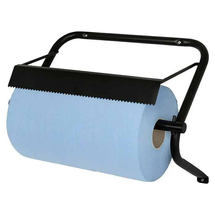 Papierrollenhalter - 36,5 x 51 x 21,5 cm, Passend für: Putztuchrollen bis 40 cm Breite und max. 38 cm Durchmesser - Ein Rollenpapierspender mit einer Rolle hellblauem Papier darunter. Der Spender ist aus schwarzem Metall und hat eine gezackte Abreißkante.