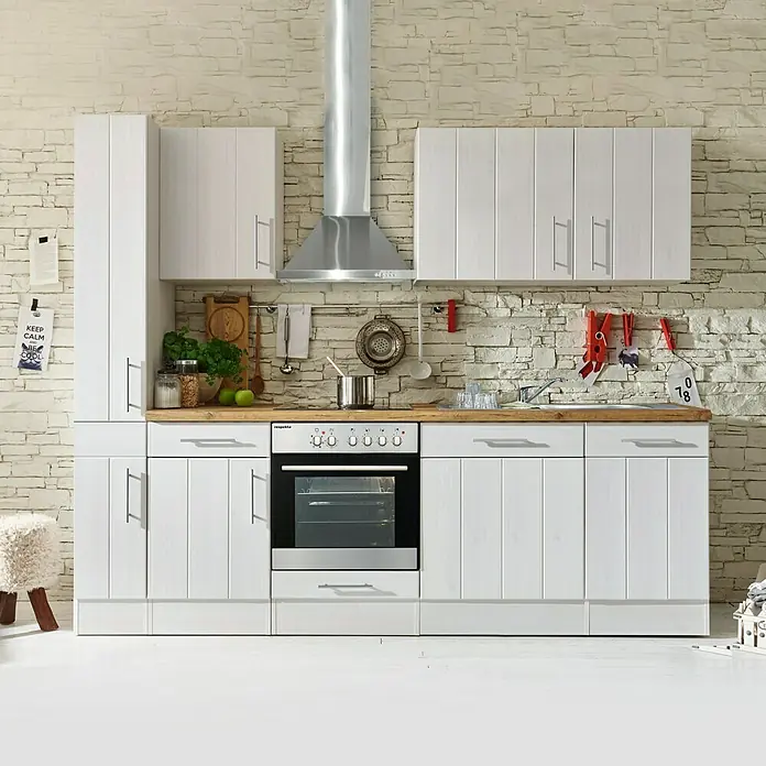 Respekta Premium Composición de cocina Anton - Ancho: 250 cm, Blanco, Con electrodomésticos - Unidad de cocina con armarios blancos, cocina y campana extractora contra una pared de ladrillo. Ideal para cocinas modernas.
