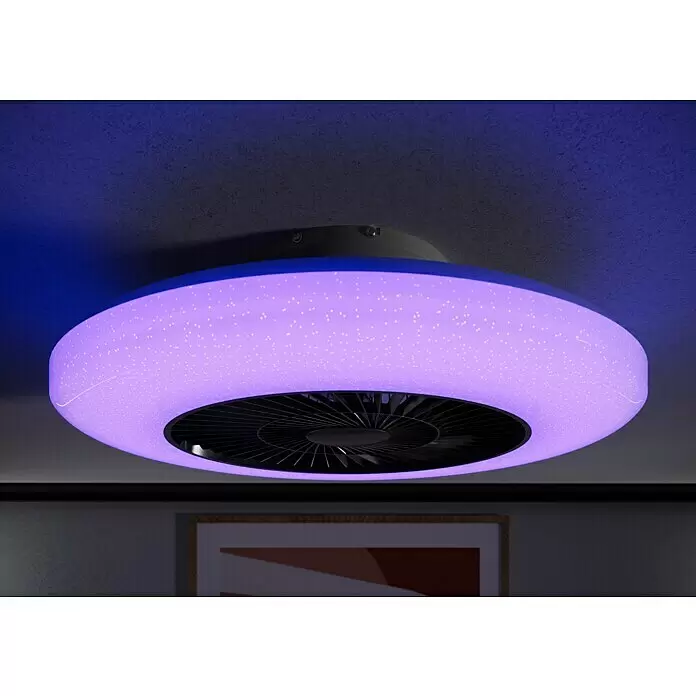 Voltomat Deckenventilator mit LED-Beleuchtung - Silber, Weiß, 60 cm, 40 W, Warmweiß - Runder Deckenventilator mit integriertem lila LED-Licht, weißen Sprenkeln und schwarzen Rotorblättern, an einer strukturierten Decke montiert.