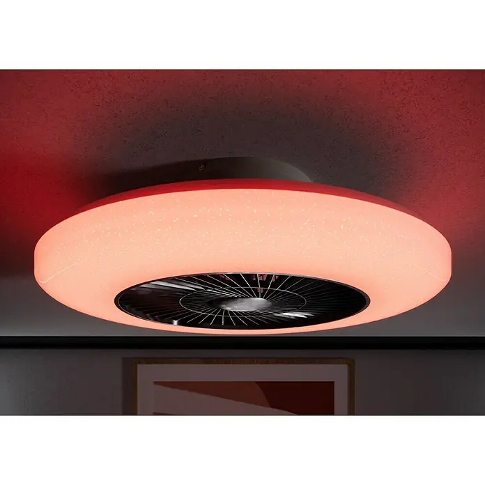 Voltomat Deckenventilator mit LED-Beleuchtung - Silber, Weiß, 60 cm, 40 W, Warmweiß - Ein auffälliger LED-Deckenventilator mit roter Beleuchtung, der sowohl für Licht als auch für Kühlung sorgt. Modernes Design für jeden Raum.