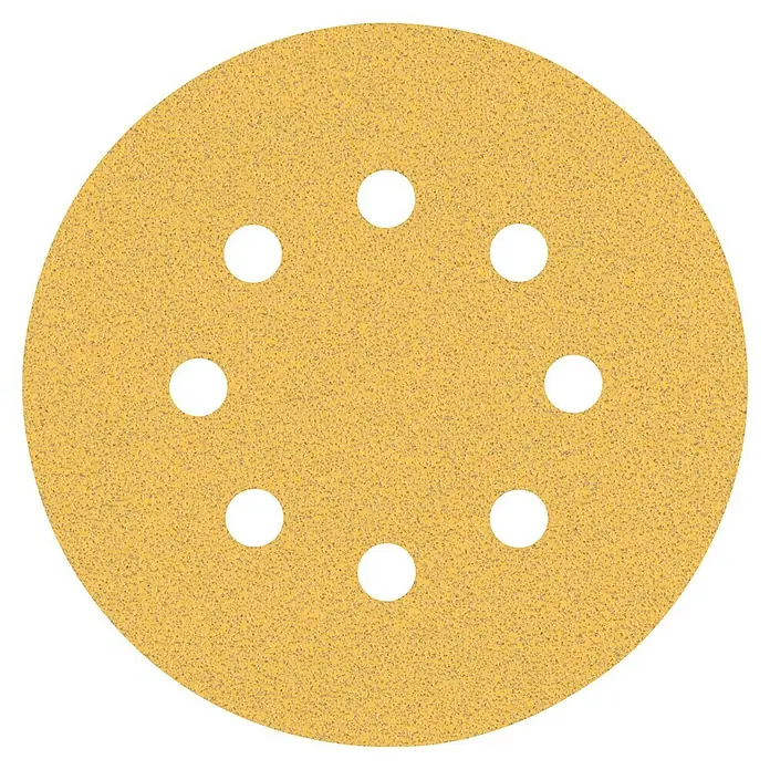 Bosch Expert Juego de papel de lija C470 - Grano: 80 mm, 5 ud., Diámetro: 125 mm - Primer plano de un disco de lija amarillo con agujeros para una lijadora, de forma circular sobre una superficie negra.