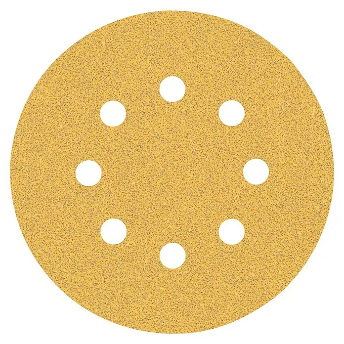 Bosch Expert Juego de papel de lija C470 - Grano: 60 mm, 5 pzs., Diámetro: 125 mm - Disco de lijado circular con una superficie amarilla y granulada, y ocho agujeros negros en el centro.