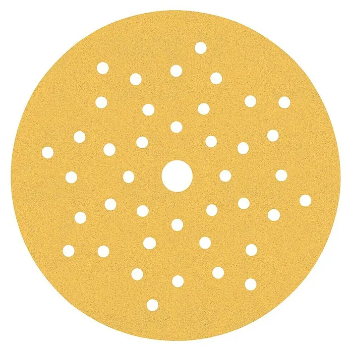Bosch Expert Juego de papel de lija M470 - Diámetro: 125 mm, Grano: 120 mm, 5 ud., Malla - Imagen de un disco de lija con agujeros, ideal para proyectos de carpintería y bricolaje.