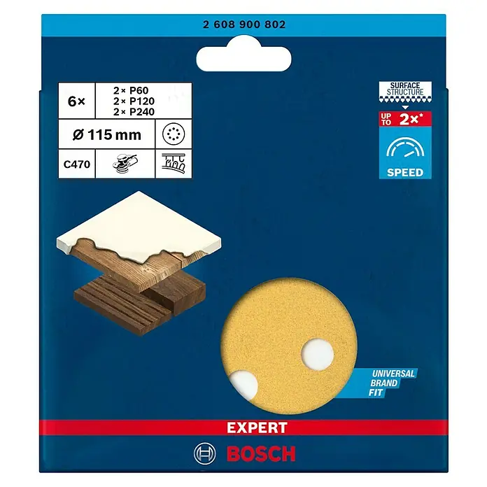 Bosch Expert Juego de papel de lija C470 - Grano: 60 mm - 240 mm, Diámetro: 115 mm - Imagen de un paquete de discos de lijado Bosch Expert C470, con tamaños de grano P60, P120 y P240 para aplicaciones de lijado versátiles.