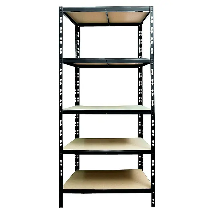 Regalux Schwerlastregal M - H x B x T: 180 x 60 x 50 cm, Traglast pro Boden: 290 kg, Anzahl Böden: 5 Stk., Stecken, Schwarz - Ein Regal mit schwarzem Rahmen und Holzregalböden, das für Lagerzwecke oder zur Organisation von Gegenständen verwendet werden kann.