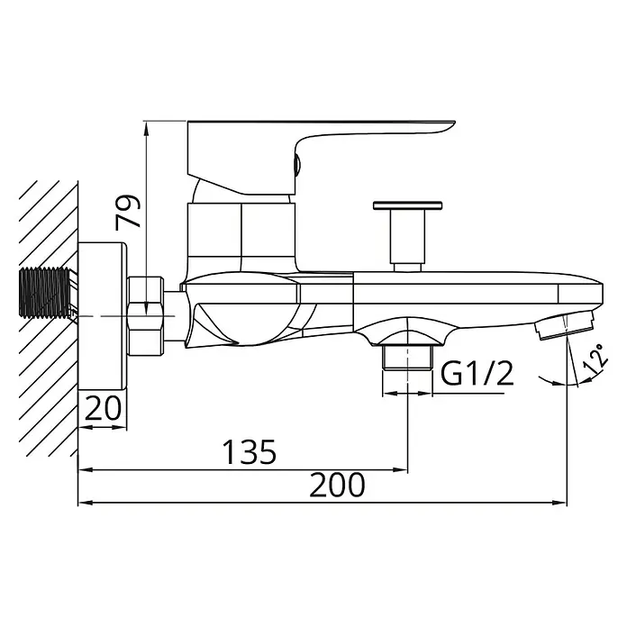 IO Cassio Grifo monomando de bañera - Negro, Mate - Dibujo de un grifo con medidas. El grifo muestra las dimensiones y detalles técnicos para las instalaciones.