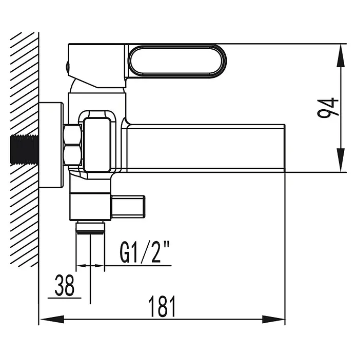 IO Dior Grifo monomando de bañera - Titanio - Dibujo técnico de un grifo con dimensiones: altura 94 mm, profundidad 181 mm, conexión G1/2", distancia 38 mm de la pared.