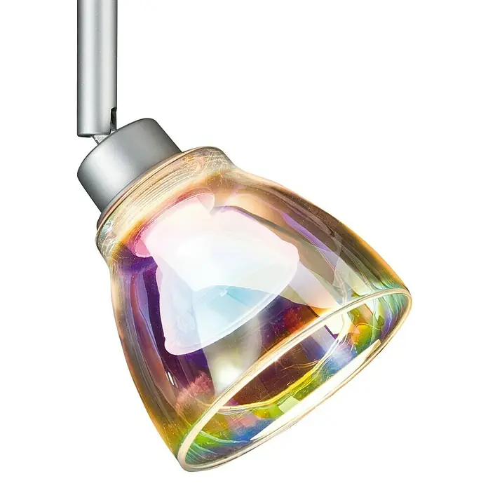 Paulmann DecoSystems Lampenschirm Wolbi - Durchmesser: 9 cm, Dichroic, Glas, Rund - Nahaufnahme einer modernen Deckenleuchte mit schimmerndem Glas, die ein elegantes und stimmungsvolles Licht bietet.