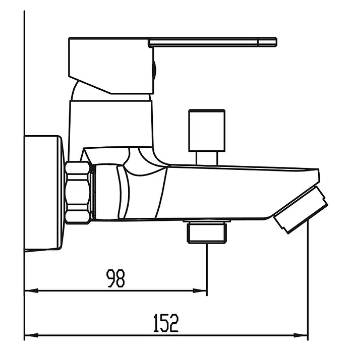 IO Sion Grifo monomando de bañera - Cromo, Brillante - Dibujo esquemático de un grifo de pared con dimensiones de 98 y 152 mm para detalles de instalación.