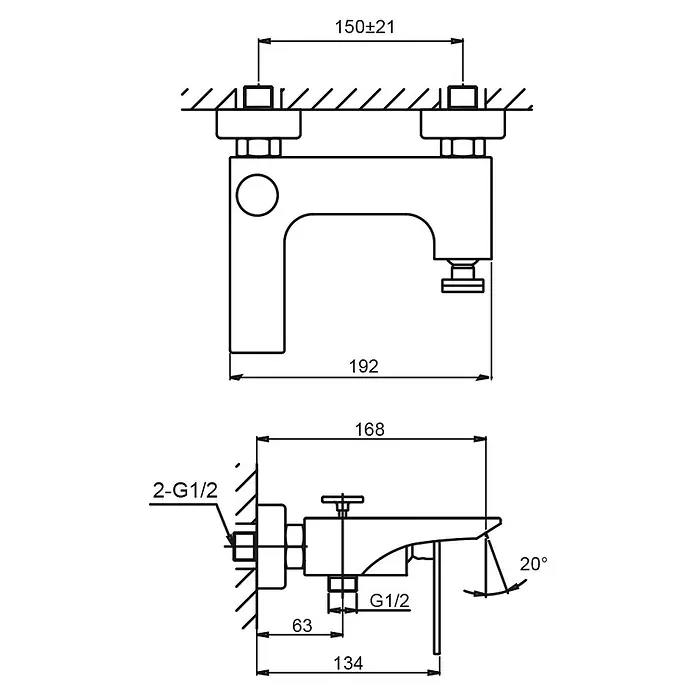 IO Zio Grifo monomando de bañera - Cromo, Brillante - Dibujo técnico de un elegante grifo con medidas precisas para la instalación y el diseño, ideal para baños modernos.