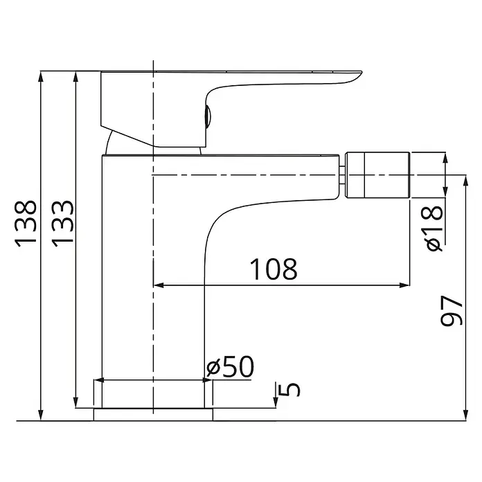 IO Cassio Grifo monomando de bidé - Titanio - Dibujo técnico de un grifo con medidas. El dibujo muestra las dimensiones del grifo en milímetros.