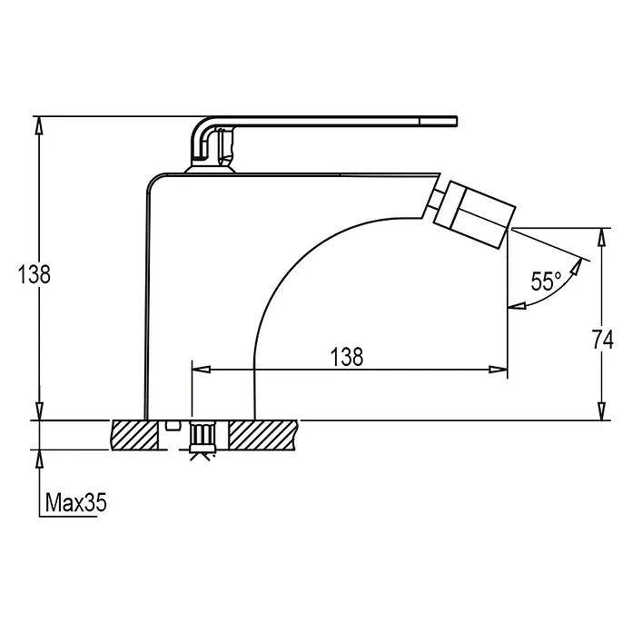 IO Zio Grifo monomando de bidé - Cromo, Resplandeciente - Ilustración de un dibujo esquemático de un grifo con dimensiones, mostrando las medidas y ángulos del producto.