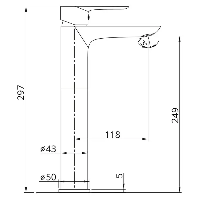 IO Dior Grifo de lavabo alto - Titanio - Dibujo técnico de un grifo que muestra las especificaciones de altura, diámetro y ángulo en milímetros para la instalación.
