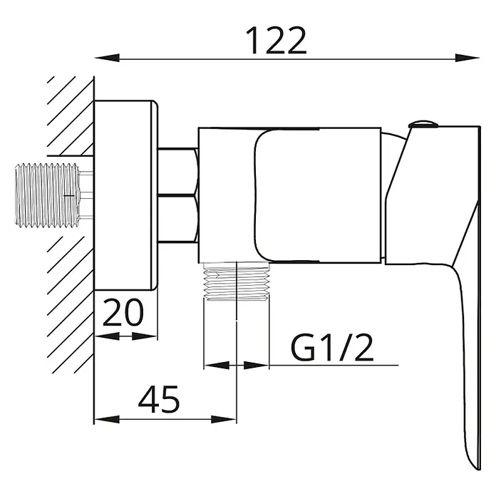 IO Cassio Grifo monomando de ducha - Cromo - Dibujo técnico de un grifo con dimensiones, que ilustra claramente las medidas y conexiones del producto.