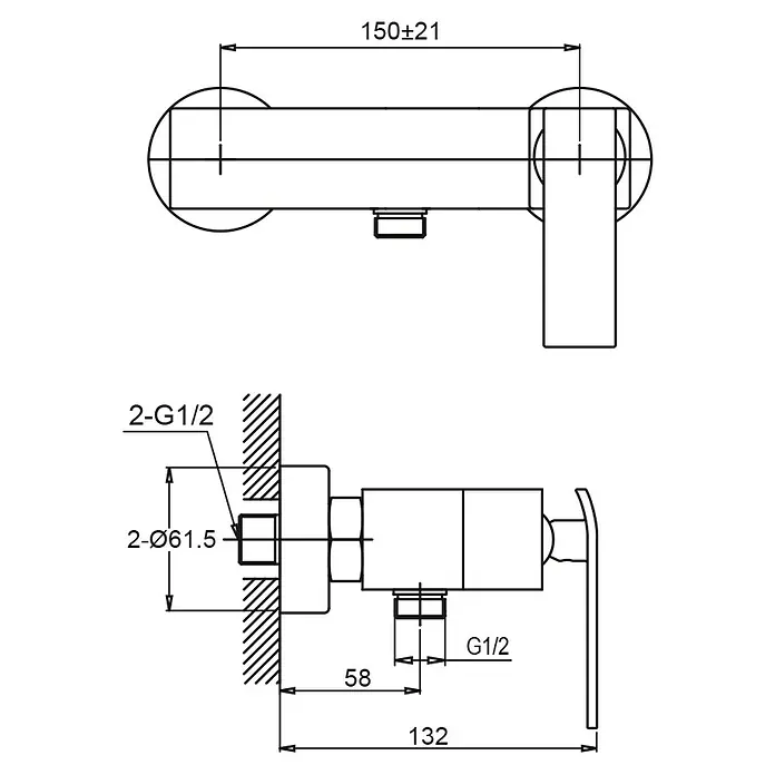 IO Zio Grifo monomando de ducha - Cromo, Resplandeciente - Dibujo esquemático de un grifo con dimensiones. Mostrando la longitud y el tamaño de la rosca del grifo.