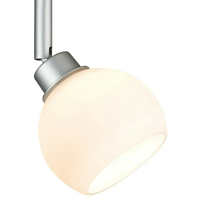 Paulmann DecoSystems Lampenschirm Wolbi - Durchmesser: 9 cm, Opal, Glas, Form: Rund - Nahaufnahme einer modernen, runden Deckenleuchte mit einem Gehäuse aus gebürstetem Nickel und einem matten Glasdiffusor.