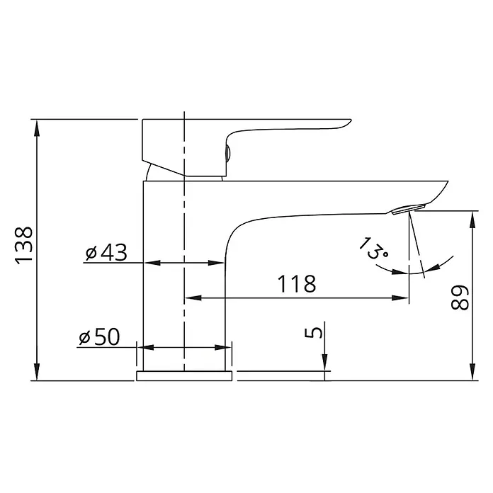 IO Cassio Grifo de lavabo - Titanio - Dibujo técnico del grifo con dimensiones. Diámetro: 43/50 mm, altura: 138 mm, longitud del caño: 118 mm, inclinación: 13°, altura del caño: 68 mm.