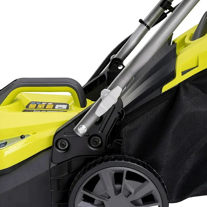 Ryobi ONE+ Akku-Rasenmäher RY18LM37A-240 - 18 V, 2 Akkus, 4 Ah, Schnittbreite: 37 cm - Detailansicht eines Ryobi Rasenmähers, der die Bauweise, den Fangkorb und die Bedienelemente hervorhebt.