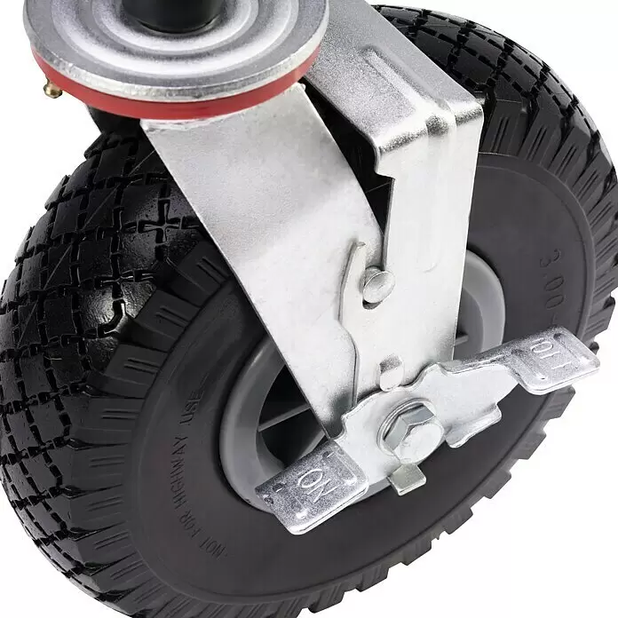 Makita LXT 18V Akku-Schubkarre DCU180Z - 18 V, Ohne Akku, Tragkraft: 130 kg - Eine schwarze pneumatische Lenkrolle mit silbernem Metallrahmen, roter Dichtung und „ON/OFF“-Bremshebel.