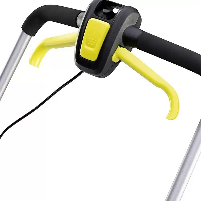 Ryobi ONE+ Akku-Rasenmäher RY18LM37A-240 - 18 V, 2 Akkus, 4 Ah, Schnittbreite: 37 cm - Schwarzer und gelber Steuergriff mit ergonomischen Griffen, integriertem Knopf, silbernem Rahmen und Stromkabel.