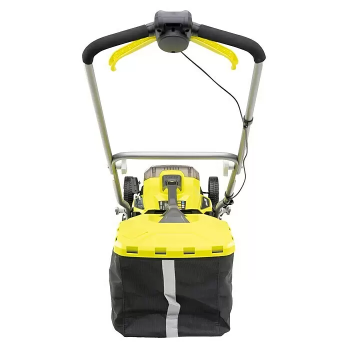 Ryobi ONE+ Cortacésped de batería RY18LM37A-240 - 18 V, 2 baterías, 4 Ah, Ancho de corte: 37 cm - Un cortacésped inalámbrico amarillo y negro con mangos grises y bolsa recolectora de hierba, visto desde arriba.