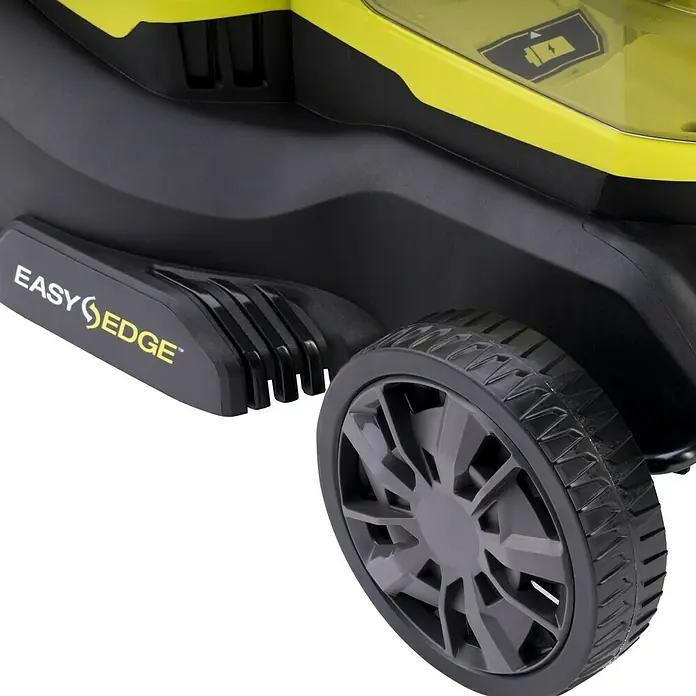 Ryobi ONE+ Akku-Rasenmäher RY18LM37A-240 - 18 V, 2 Akkus, 4 Ah, Schnittbreite: 37 cm - Detailansicht eines Rasenmähers mit dem Schriftzug "EASY EDGE" und einem grauen Rad vor schwarzem Hintergrund.