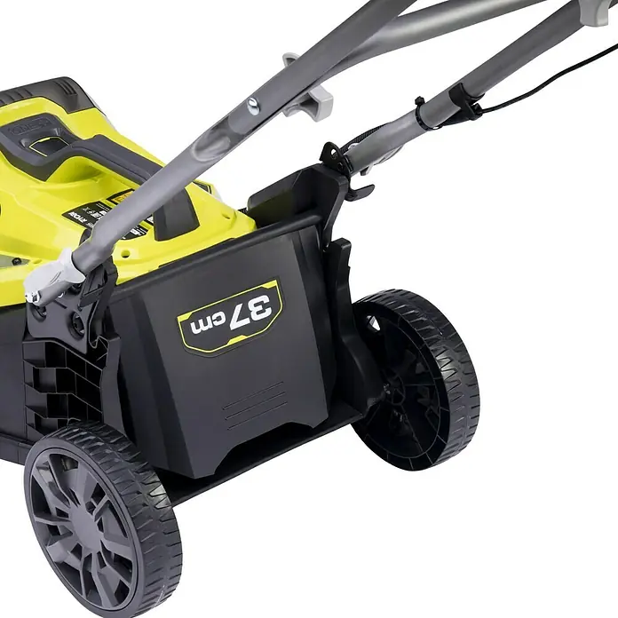 Ryobi ONE+ Akku-Rasenmäher RY18LM37A-240 - 18 V, 2 Akkus, 4 Ah, Schnittbreite: 37 cm - Nahaufnahme eines Ryobi Rasenmähers, der eine gelb-schwarze Farbkombination und einen Grasfangkorb hat.