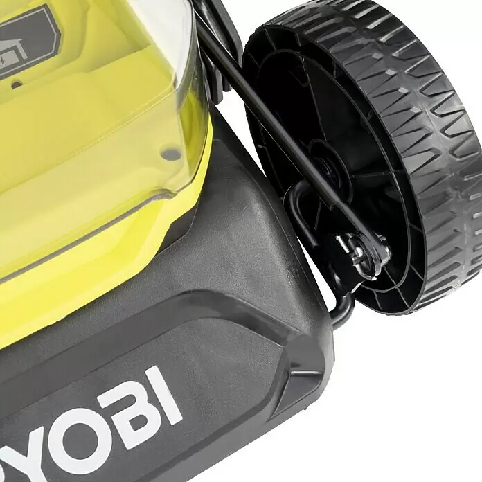 Ryobi ONE+ Akku-Rasenmäher RY18LM37A-240 - 18 V, 2 Akkus, 4 Ah, Schnittbreite: 37 cm - Gelber und schwarzer Ryobi-Rasenmäher mit strukturiertem Gehäuse, klarer gelber Abdeckung und großem schwarzem Rad.