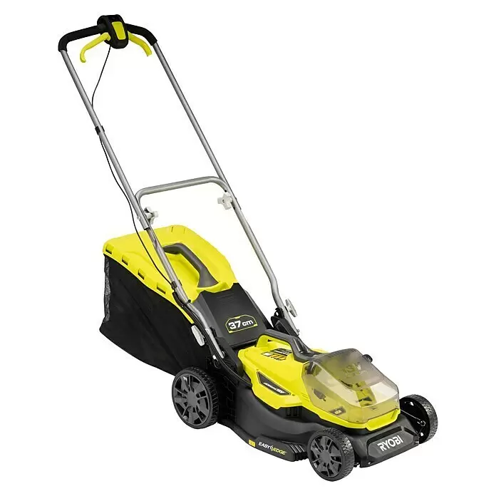 Ryobi ONE+ Cortacésped de batería RY18LM37A-240 - 18 V, 2 baterías, 4 Ah, Ancho de corte: 37 cm - Cortacésped Ryobi 18V inalámbrico amarillo y negro, ancho de corte 37cm, con bolsa.