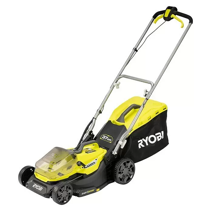 Ryobi ONE+ Cortacésped de batería RY18LM37A-240 - 18 V, 2 baterías, 4 Ah, Ancho de corte: 37 cm - Cortacésped inalámbrico Ryobi 18V amarillo y negro, con ancho de corte de 37cm, función EasyEdge y bolsa recolectora negra.