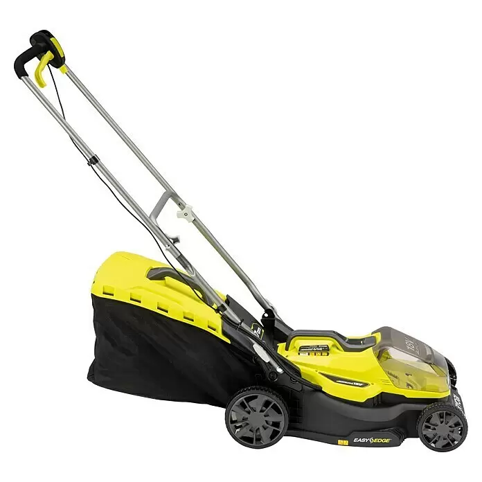 Ryobi ONE+ Cortacésped de batería RY18LM37A-240 - 18 V, 2 baterías, 4 Ah, Ancho de corte: 37 cm - Cortacésped inalámbrico amarillo y negro con mango largo y bolsa recolectora de césped, visto de lado.