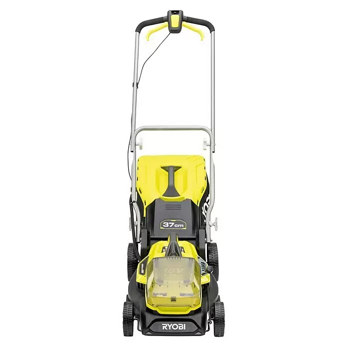 Ryobi ONE+ Cortacésped de batería RY18LM37A-240 - 18 V, 2 baterías, 4 Ah, Ancho de corte: 37 cm - Cortacésped inalámbrico Ryobi 18V con cuerpo amarillo y negro, mango plateado y ancho de corte de 37 cm.