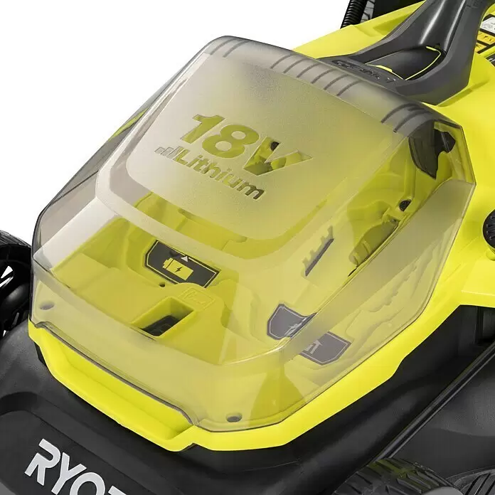 Ryobi ONE+ Akku-Rasenmäher RY18LM37A-240 - 18 V, 2 Akkus, 4 Ah, Schnittbreite: 37 cm - Limegrünes Elektrowerkzeug mit matter Klarsichtabdeckung, die „18V Lithium“ und eine Batterieanzeige zeigt. Schwarze Akzente an der Basis.