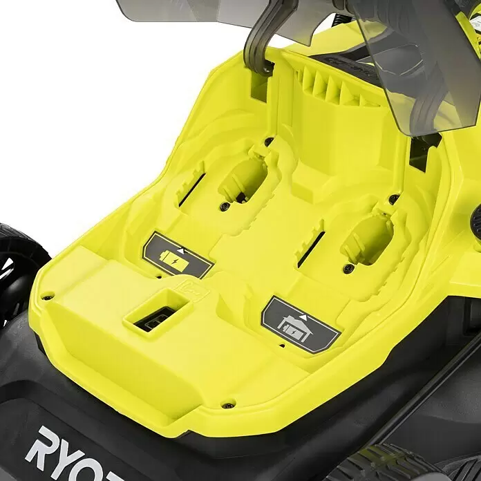 Ryobi ONE+ Akku-Rasenmäher RY18LM37A-240 - 18 V, 2 Akkus, 4 Ah, Schnittbreite: 37 cm - Gelb-schwarzes Elektrowerkzeug mit geöffnetem Batteriefach, das zwei Schächte und Batteriesymbole zeigt.
