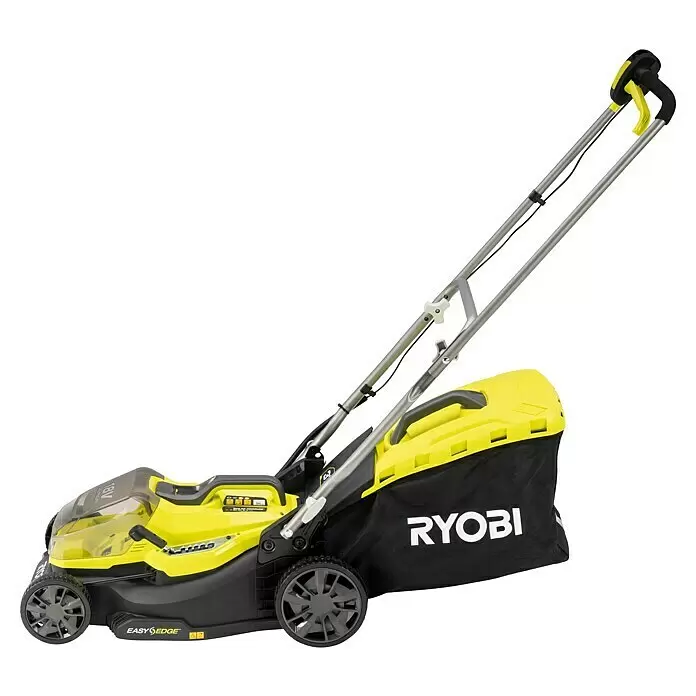 Ryobi ONE+ Cortacésped de batería RY18LM37A-240 - 18 V, 2 baterías, 4 Ah, Ancho de corte: 37 cm - Cortacésped Ryobi inalámbrico verde lima y negro con bolsa de recogida de hierba.