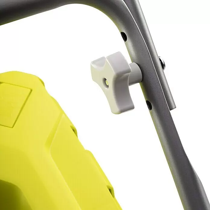 Ryobi ONE+ Akku-Rasenmäher RY18LM37A-240 - 18 V, 2 Akkus, 4 Ah, Schnittbreite: 37 cm - Nahaufnahme eines limettengrünen Gartengeräts mit grauem Metallgriff, befestigt mit einem weißen Stern-Einstellknopf.