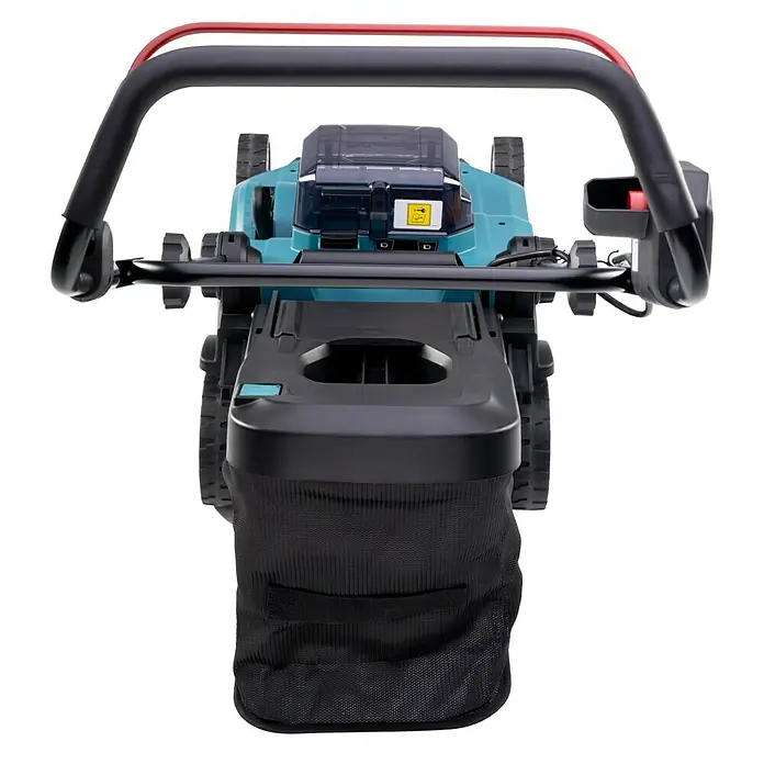 Makita LXT 18V Akku-Rasenmäher DLM382Z - 18 V, Ohne Akku, Schnittbreite: 38 cm - Aufsicht des Rasenmähers mit Fangkorb, hervorhebend das Design und die Funktionalität für die Gartenarbeit.